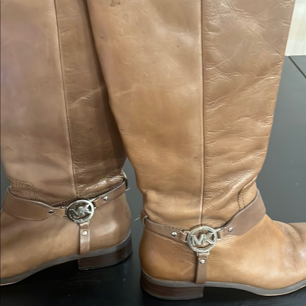 Michael Kors Tan Leather Riding Boots with Signature MK Hardware